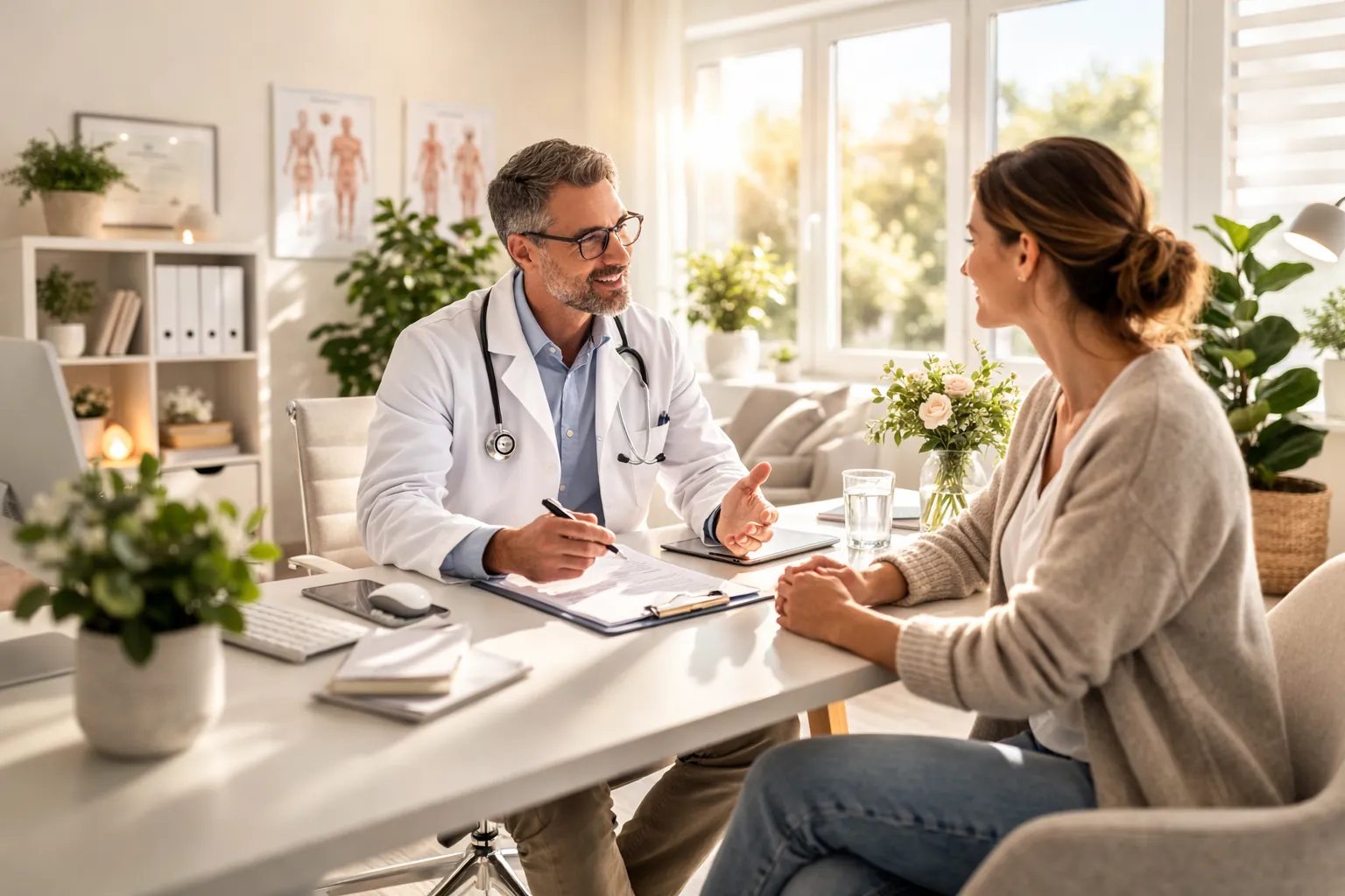 Arztgespräch in heller Praxis